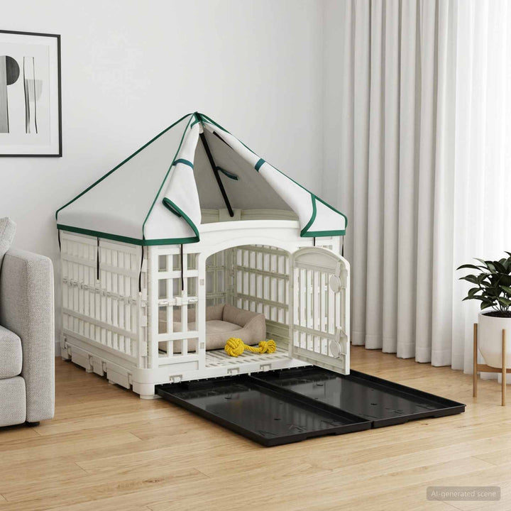 4 Panel Hund Playpen med Tak 122 x 106,5 x 82 cm Plast Vit