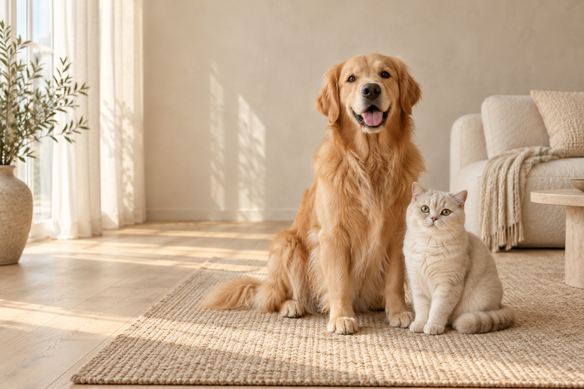En golden retriever och en katt i ett varmt skandinaviskt hem