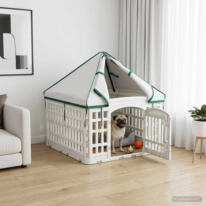 4 Panel Hund Playpen med Tak 60 x 60 x 82 cm Plast Vit