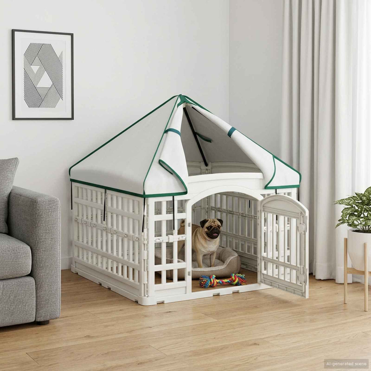 4 Panel Hund Playpen med Tak 88 x 88 x 112 cm Plast Vit