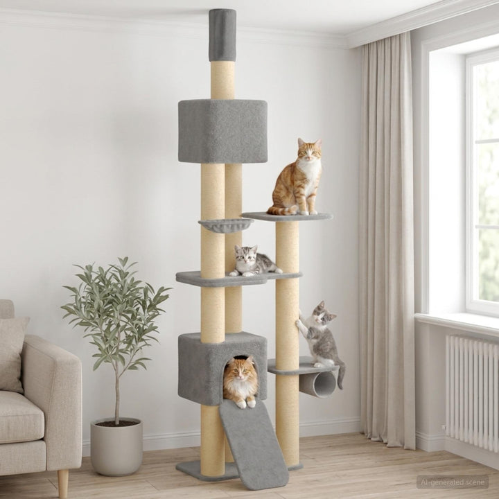 Golv-till-tak klösträd med sisalpelare Ljusgrå 257-283 cm
